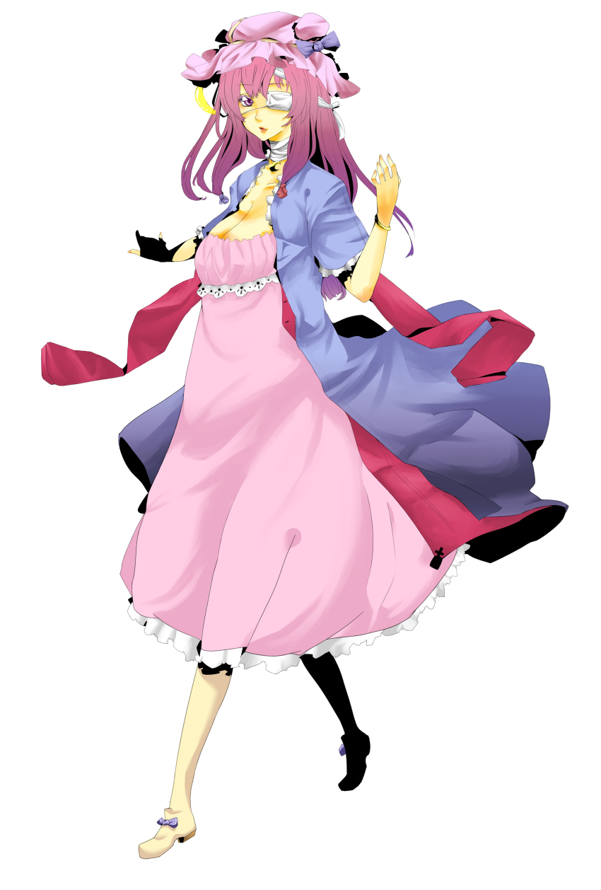 1girl, absurdres, breasts, cleavage, colorized, crescent, crescent_moon, eyepatch