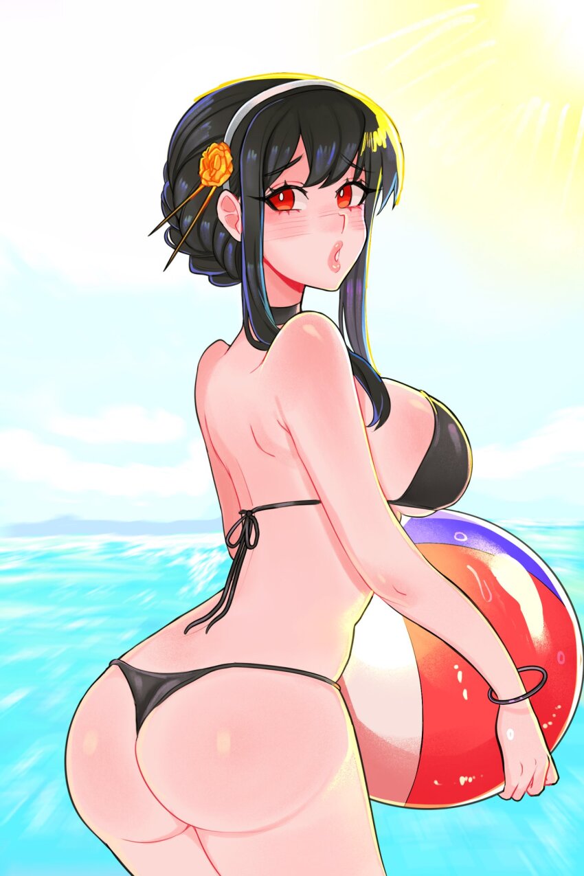 1girl, armpit_crease, ass, ball, beachball, bikini, black_bikini, black_choker