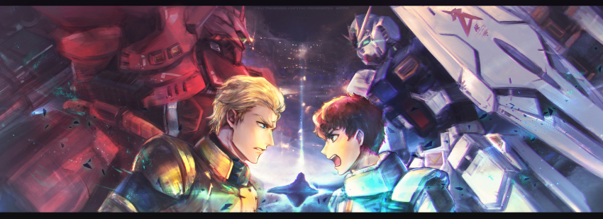 2boys, absurdres, amuro_ray, anaheim_electronics, angry, artist_name, axis_(gundam), blonde_hair