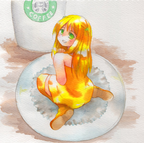 dress, food, green_eyes, lemon_cake, mini_person, minigirl, open_mouth, orange_hair, personification, starbucks, sundress, thighhighs