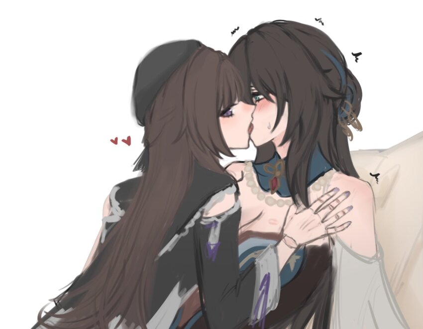 2girls, a_ai_ri, bare_shoulders, beret, black_detached_sleeves, black_hair, black_hat, blush