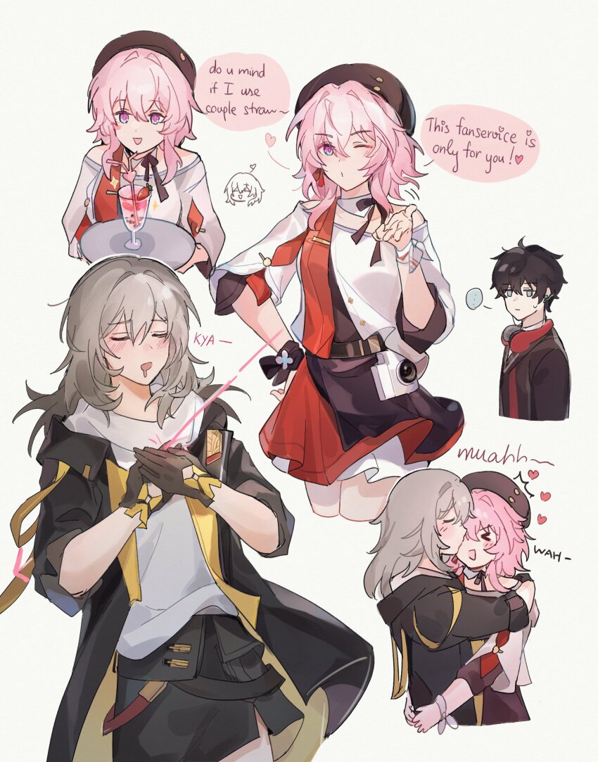 ..., 1boy, 2girls, absurdres, apron, belt, beret, black_apron