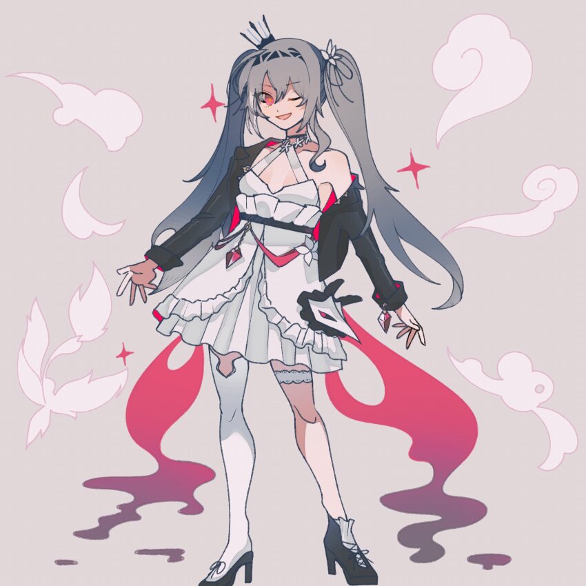 1girl, ;d, asymmetrical_footwear, bare_shoulders, black_jacket, black_shoes, breasts, collarbone, commentary, crown, dress, flower, full_body, grey_background, grey_hair, hair_between_eyes, hair_flower, hair_ornament, herrscher_of_sentience, herrscher_of_sentience_(turn_up_the_music!), high_heels, highres, honkai_(series), honkai_impact_3rd, jacket, long_hair, long_sleeves, looking_at_viewer, mini_crown, mismatched_footwear, off_shoulder, one_eye_closed, open_clothes, open_jacket, open_mouth, red_eyes, shoes, simple_background, small_breasts, smile, solo, standing, sui_mei, thighhighs, tilted_headwear, twintails, very_long_hair, white_dress, white_flower, white_thighhighs