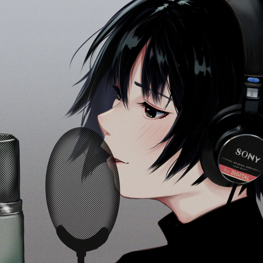 1girl, amagami, black_eyes, black_hair, close-up, grey_background, headphones, highres
