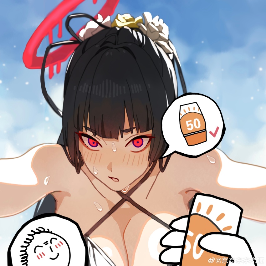1girl, absurdres, armpit_peek, bare_shoulders, bikini, black_hair, blood, blood_halo, blue_archive, blue_sky, blunt_bangs, blush, bottle, breasts, chinese_commentary, cleavage, cloud, commentary_request, criss-cross_halter, flower, glowing, glowing_eyes, hair_flower, hair_intakes, hair_ornament, halo, halterneck, highres, holding, holding_bottle, large_breasts, liquid_halo, lotion, nainainainainaiya, pov, red_eyes, red_halo, sky, speech_bubble, spoken_object, sunscreen, sweat, swimsuit, tsurugi_(blue_archive), watermark, weibo_watermark, white_bikini, white_flower, yellow_flower