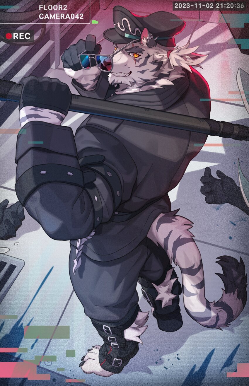 1boy, absurdres, animal_ears, bara, black_headwear, digitigrade, dislyte, furry