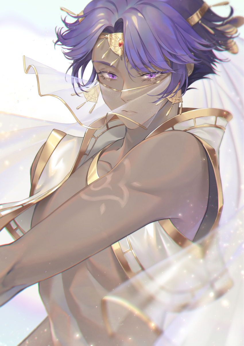 1boy, absurdres, arabian_clothes, arm_tattoo, circlet, closed_mouth, collarbone, colored_eyelashes
