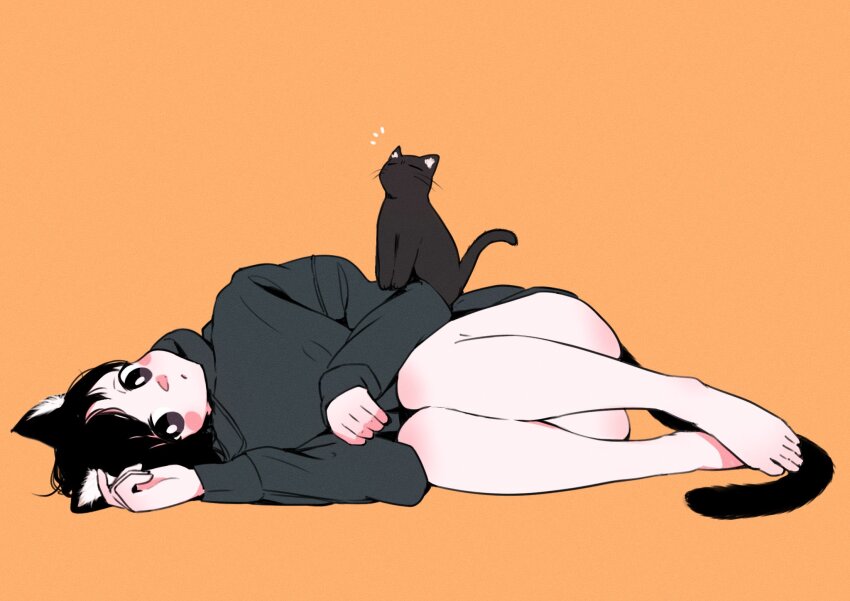 1girl, animal_ear_fluff, animal_ears, bare_legs, barefoot, black_cat, black_eyes, black_hair