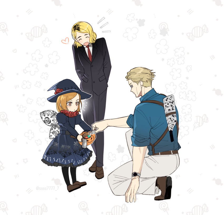 ^_^, arms_behind_back, belt, black_dress, black_jacket, black_pants, black_suit, blonde_hair