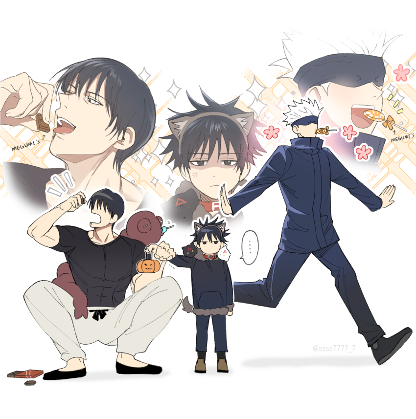 3boys, :d, anger_vein, animal_ears, arm_up, belt, black_belt, black_eyes