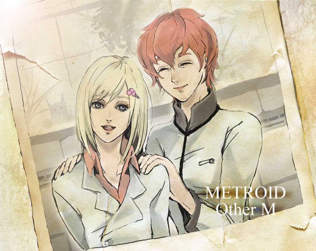 2girls, age_difference, blonde_hair, blue_eyes, closed_eyes, hair_ornament, hairclip, hands_on_shoulders, happy, kmitty, lab_coat, little_birdy, madeline_bergman, melissa_bergman, metroid, metroid:_other_m, mother_and_child, mother_and_daughter, multiple_girls, nintendo, parent_and_child, photo_(object), red_hair, ridley, short_hair, spoilers, text_focus