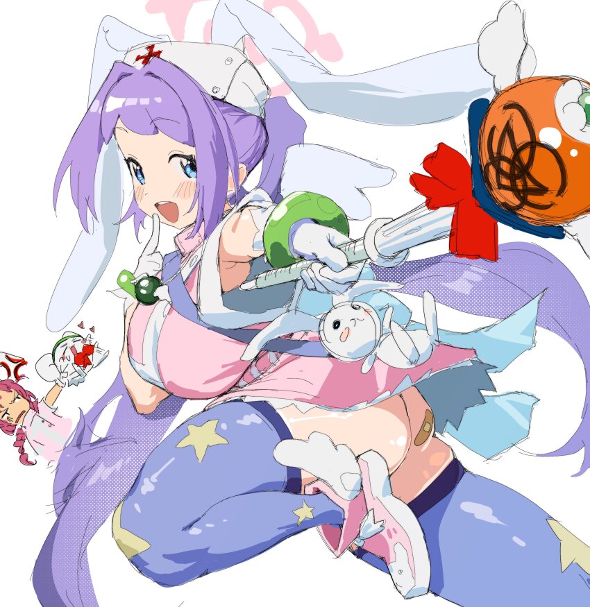2girls, absurdres, anger_vein, animal_ears, armpit_peek, ass, bandaid, bandaid_on_ass, blue_archive, blue_eyes, blue_thighhighs, blush, boots, breasts, cosplay, crossover, curvy, dress, finger_to_mouth, foreshortening, from_side, gloves, hanae_(blue_archive), hat, highres, holding, holding_staff, karma6211, large_breasts, leg_up, long_hair, looking_at_viewer, multiple_girls, nakahara_komugi, nakahara_komugi_(cosplay), nurse_cap, nurse_witch_komugi-chan, open_mouth, pink_boots, pink_dress, pink_hair, pointing, pointing_at_viewer, purple_hair, rabbit_ears, short_dress, simple_background, sketch, skindentation, sleeveless, solo_focus, staff, star_(symbol), star_print, stuffed_animal, stuffed_toy, teeth, thick_thighs, thighhighs, thighs, twintails, upper_teeth_only, upskirt, usa-p, very_long_hair, white_background, white_gloves, white_headwear, wristband