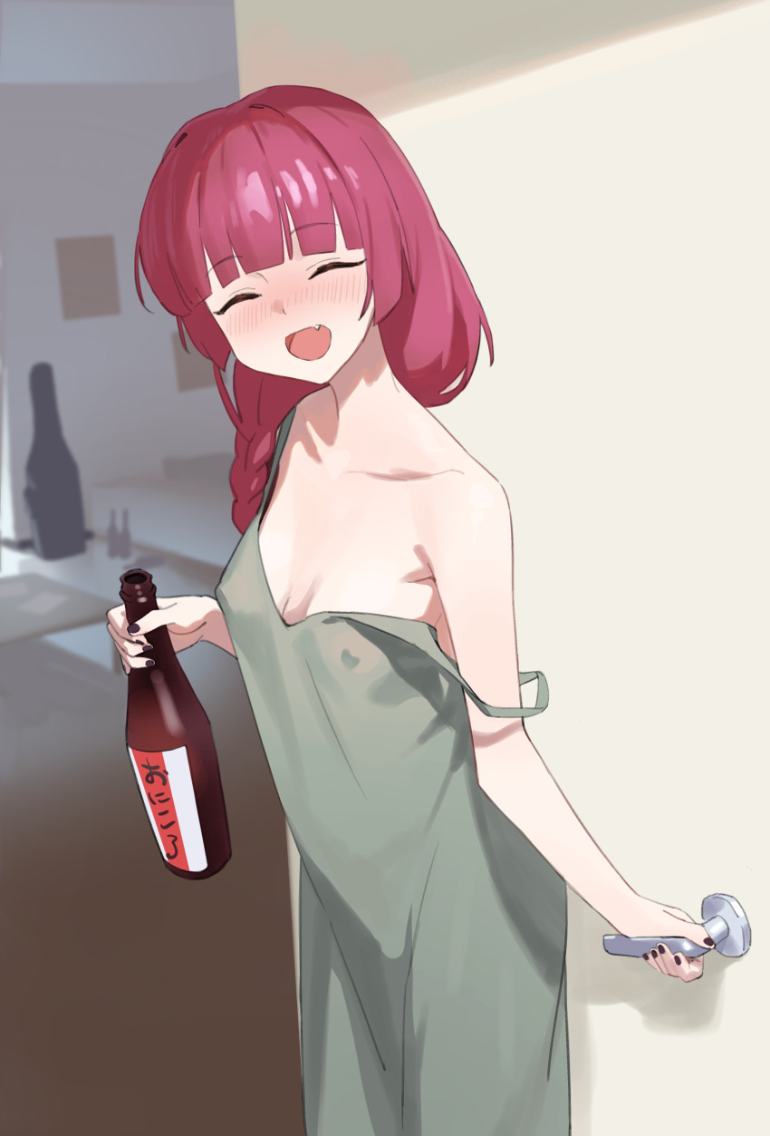 1girl, absurdres, bare_arms, black_nails, blush, bocchi_the_rock!, bottle, braid