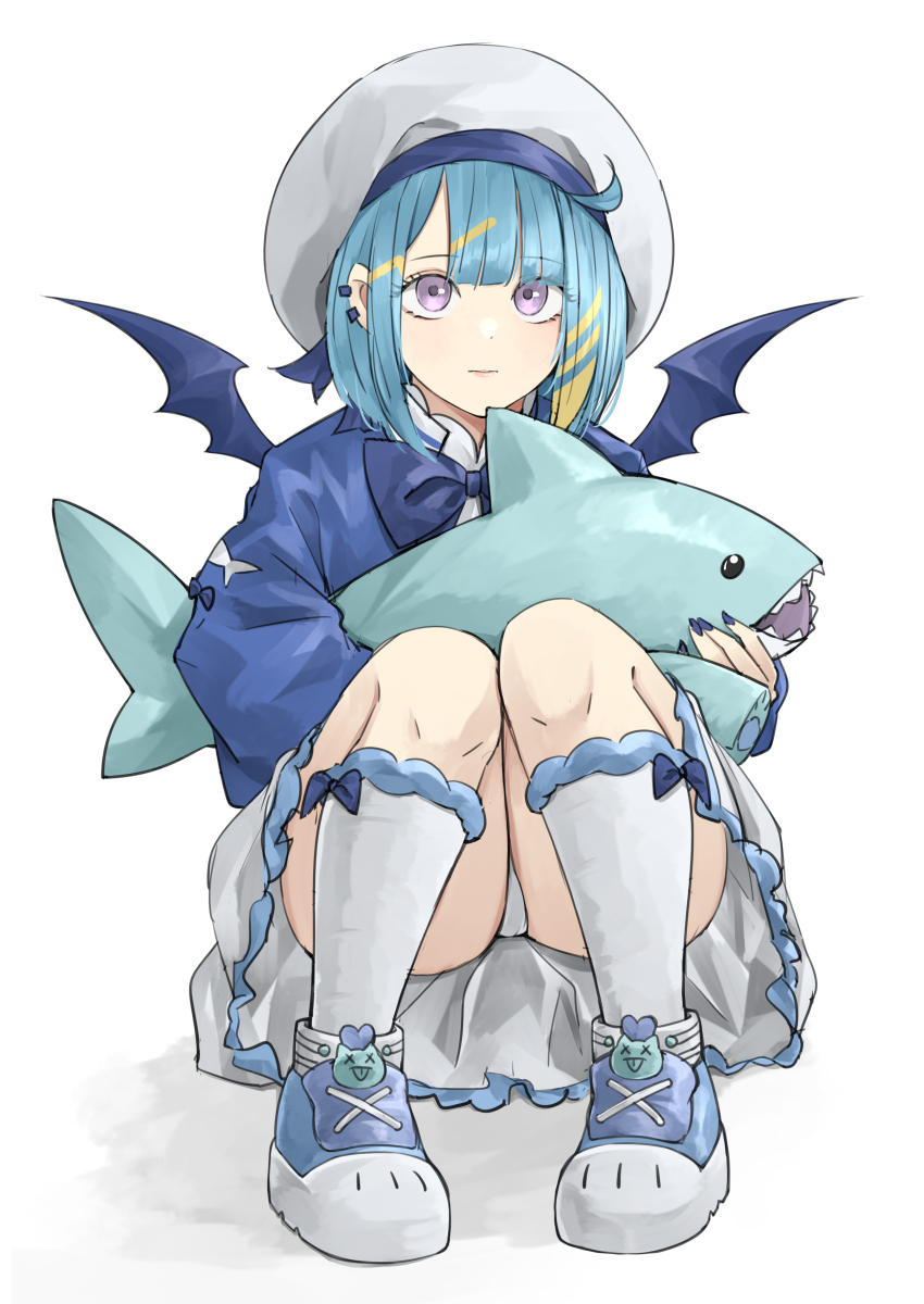absurdres, blonde_hair, blue_hair, blue_jacket, duel_monster, hat, highres, holding, jacket, kneehighs, large_hat, lil-la_(yu-gi-oh!), live_twin_lil-la, long_sleeves, looking_at_viewer, meshida_(lux-far-accelerator), multicolored_hair, panties, pantyshot, purple_eyes, shark, shoes, short_hair, sitting, socks, stuffed_animal, stuffed_shark, stuffed_toy, underwear, white_panties, wings, yu-gi-oh!