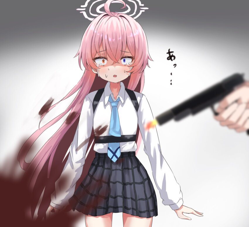 1girl, 1other, ahoge, blood, blood_splatter, blue_archive, blue_eyes, blue_necktie