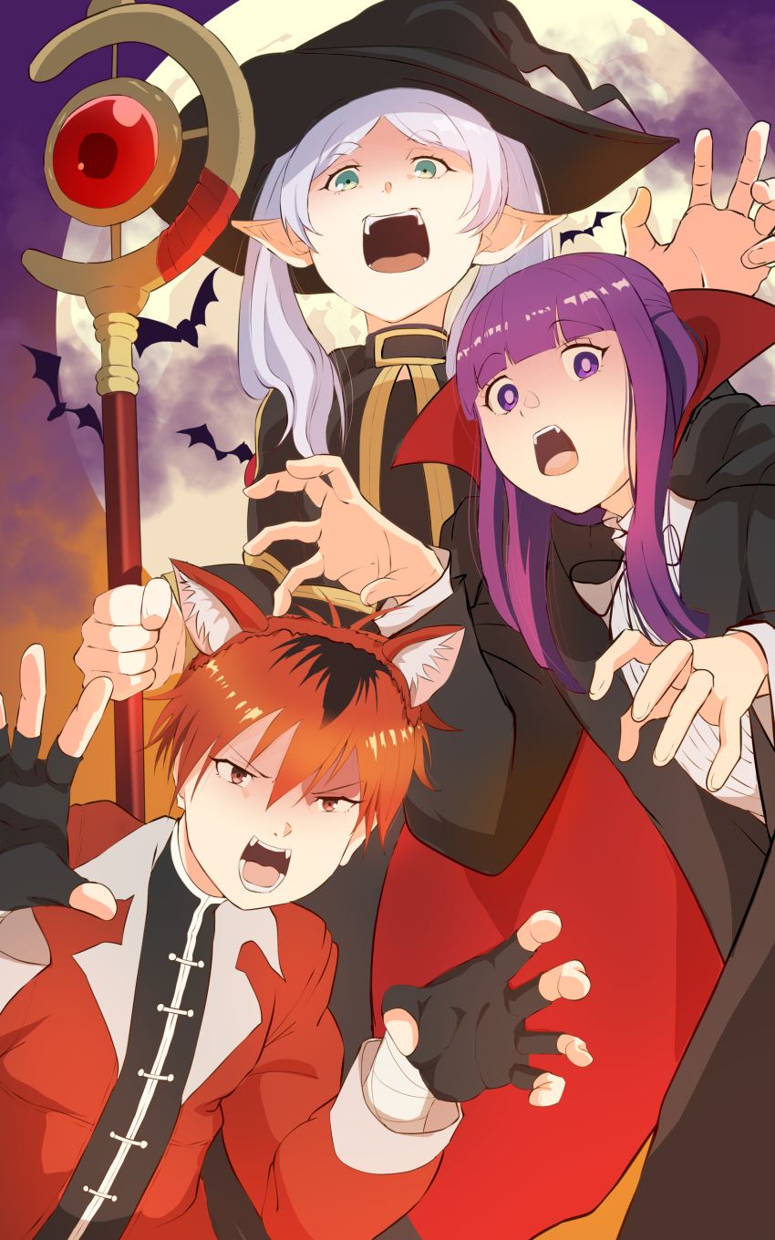 1boy, 2girls, absurdres, animal_ears, bat_(animal), elf, fake_animal_ears, fang, fern_(sousou_no_frieren), fingerless_gloves, frieren, gloves, green_eyes, halloween, hat, highres, holding, holding_staff, long_hair, long_sleeves, looking_at_viewer, mage_staff, moon, multiple_girls, open_mouth, orange_eyes, orange_hair, pointy_ears, purple_eyes, purple_hair, que415, sousou_no_frieren, staff, stark_(sousou_no_frieren), vampire_costume, white_hair, witch_hat, wolf