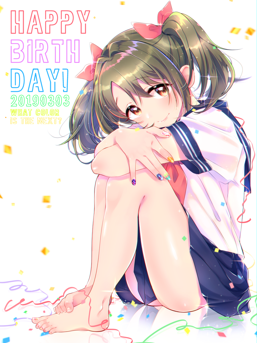 1girl, ass, bare_legs, barefoot, blue_skirt, blush, breasts, confetti
