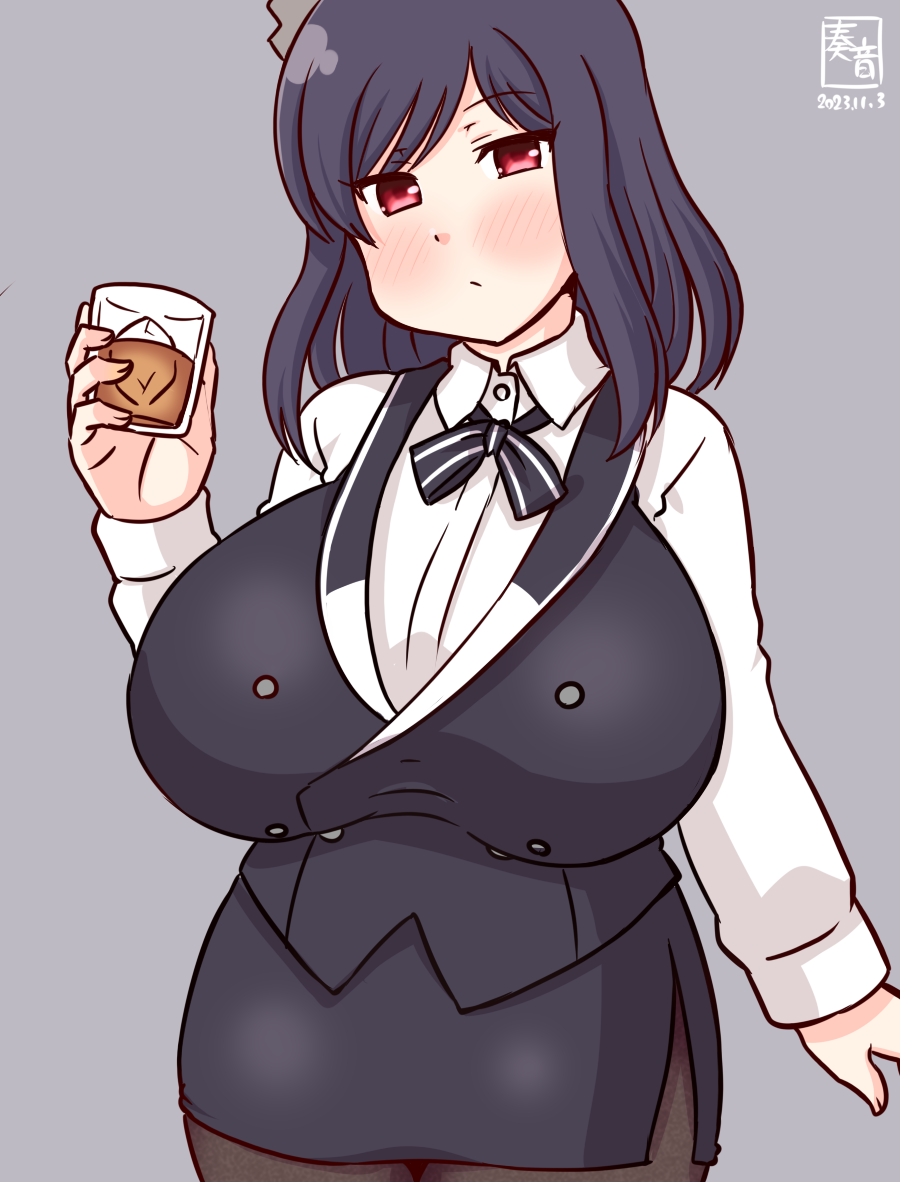 1girl, aoyama_blue_mountain, aoyama_blue_mountain_(cosplay), artist_logo, bartender, black_hair, black_pantyhose, black_skirt