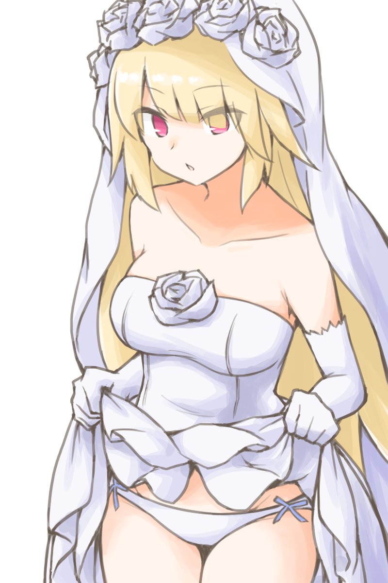 1girl, akara_kai, bare_shoulders, blonde_hair, breasts, bridal_veil, bride, brooklyn_(halloween)_(kancolle)