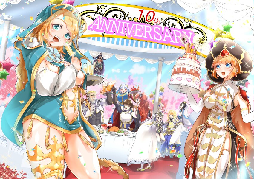 2boys, 6+girls, :d, ^_^, absurdres, aix_(sennen_sensou_aigis), alcohol, anniversary