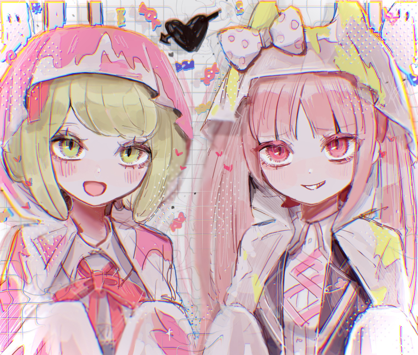 2girls, :d, bow, bowtie, brown_hair, collared_shirt, danganronpa_(series), danganronpa_another_episode:_ultra_despair_girls