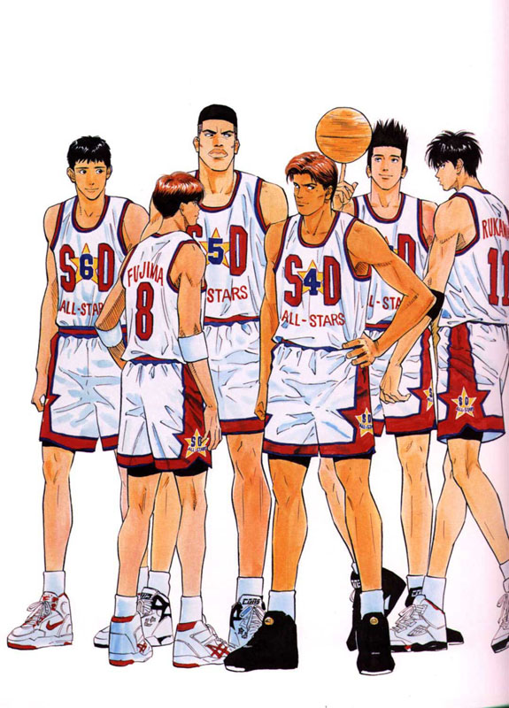 1990s_(style), 6+boys, akagi_takenori, all-stars, bad_id, ball, basketball, basketball_(object), basketball_shoes, basketball_uniform, black_hair, brown_hair, elbow_bands, fujima_kenji, full_body, hand_on_own_hip, hip_focus, holding, holding_ball, inoue_takehiko, jersey, jin_souichirou, looking_at_viewer, looking_back, maki_shinichi, male_focus, multiple_boys, retro_artstyle, rukawa_kaede, sendou_akira, short_hair, shorts, simple_background, slam_dunk_(series), smile, socks, spiked_hair, spinning, sportswear