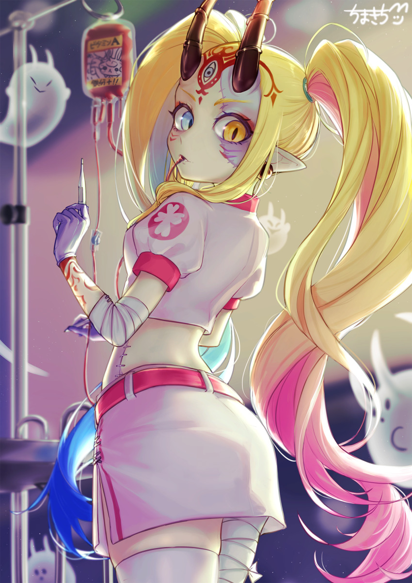 1girl, bandaged_arm, bandaged_leg, bandages, blonde_hair, blood, blood_bag, blue_eyes, crop_top, fate/grand_order, fate_(series), ghost, gloves, halloween_costume, heterochromia, highres, horns, ibaraki_douji_(fate), long_hair, midriff, miniskirt, nupy22, nurse, oni_horns, pointy_ears, rubber_gloves, single_thighhigh, skirt, stitches, thighhighs, twintails, yellow_eyes