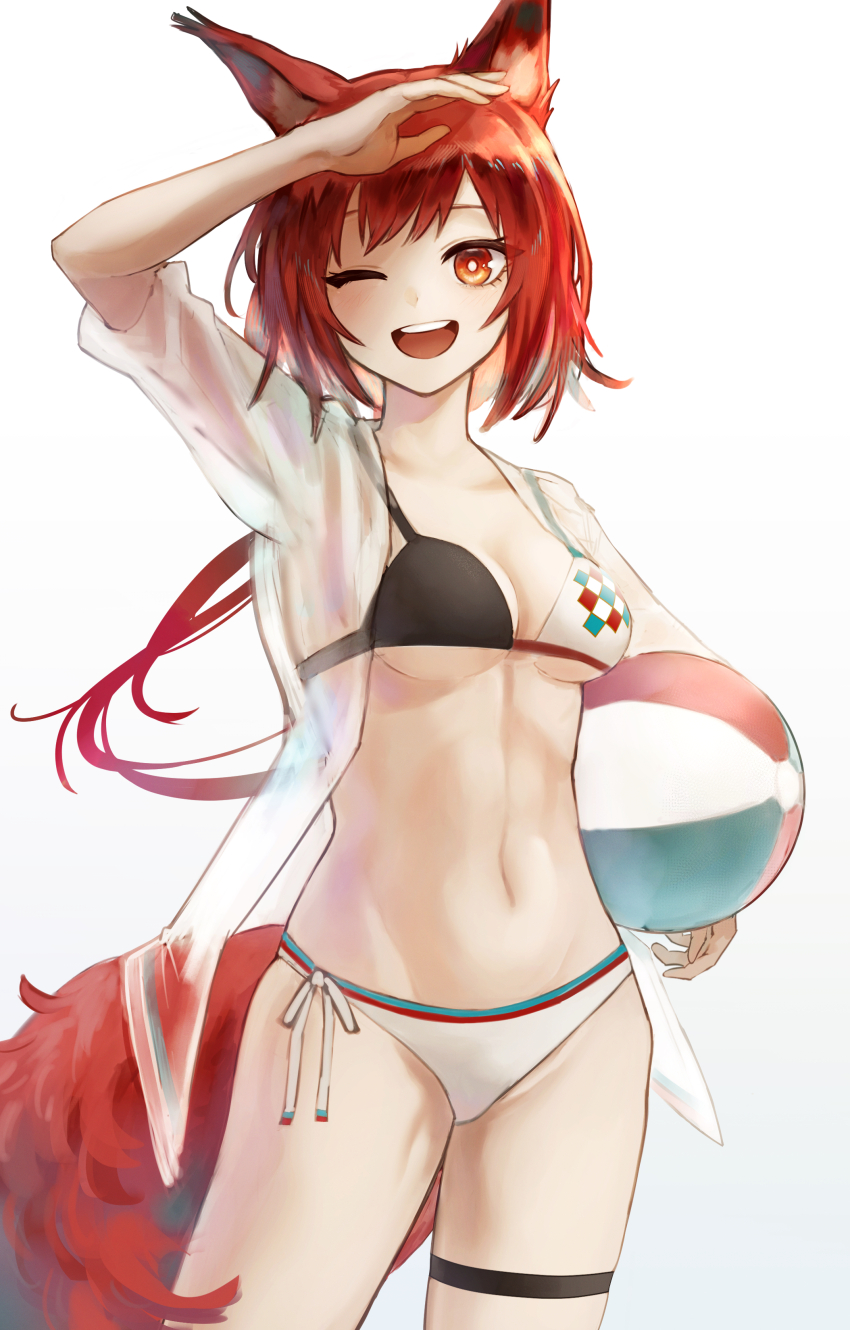 1girl, ;d, absurdres, aiv, arknights, arm_up, ball, beachball