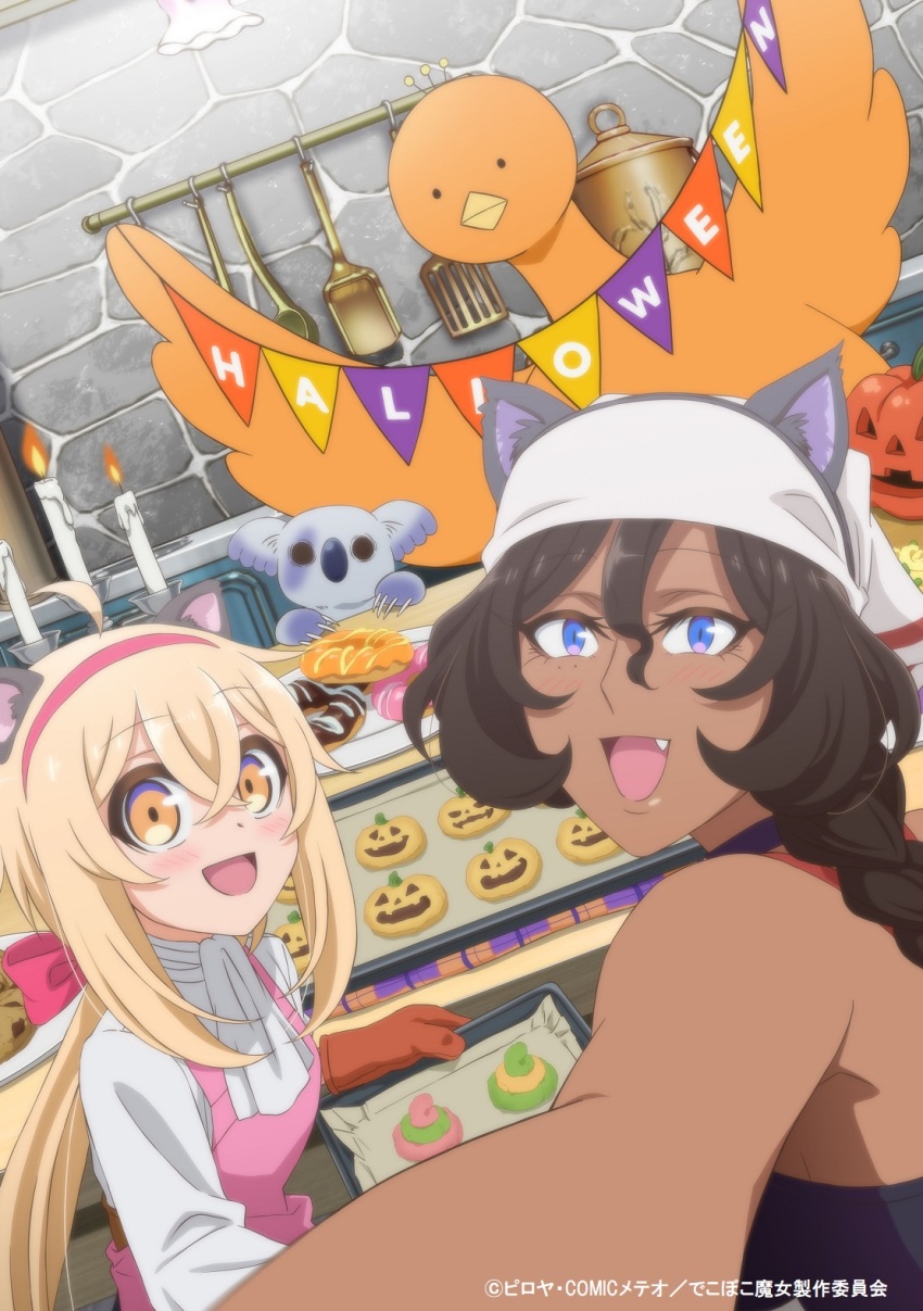 2girls, alissa_(dekoboko_majo_no_oyako_jijou), black_dress, blonde_hair, blue_eyes, breasts, brown_hair, cleavage