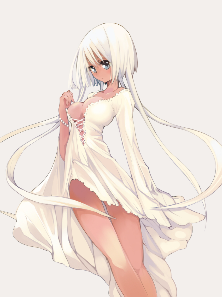 1girl, blue_eyes, blush, breasts, cleavage, dark-skinned_female, dark_skin, female_focus, highres, long_hair, no_bra, original, saibashi, simple_background, solo, very_long_hair, white_hair