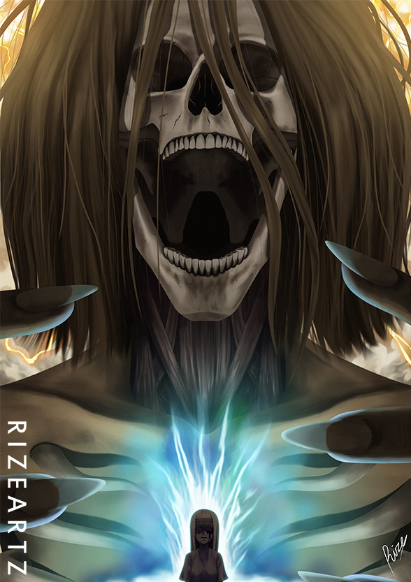 2girls, aura, fingernails, founding_titan, hairband, long_hair, monster, multiple_girls, open_mouth, ribs, rizeartz, sharp_fingernails, shingeki_no_kyojin, size_difference, skull, titan_(shingeki_no_kyojin), upper_body, vertical_eye_lines, ymir_fritz