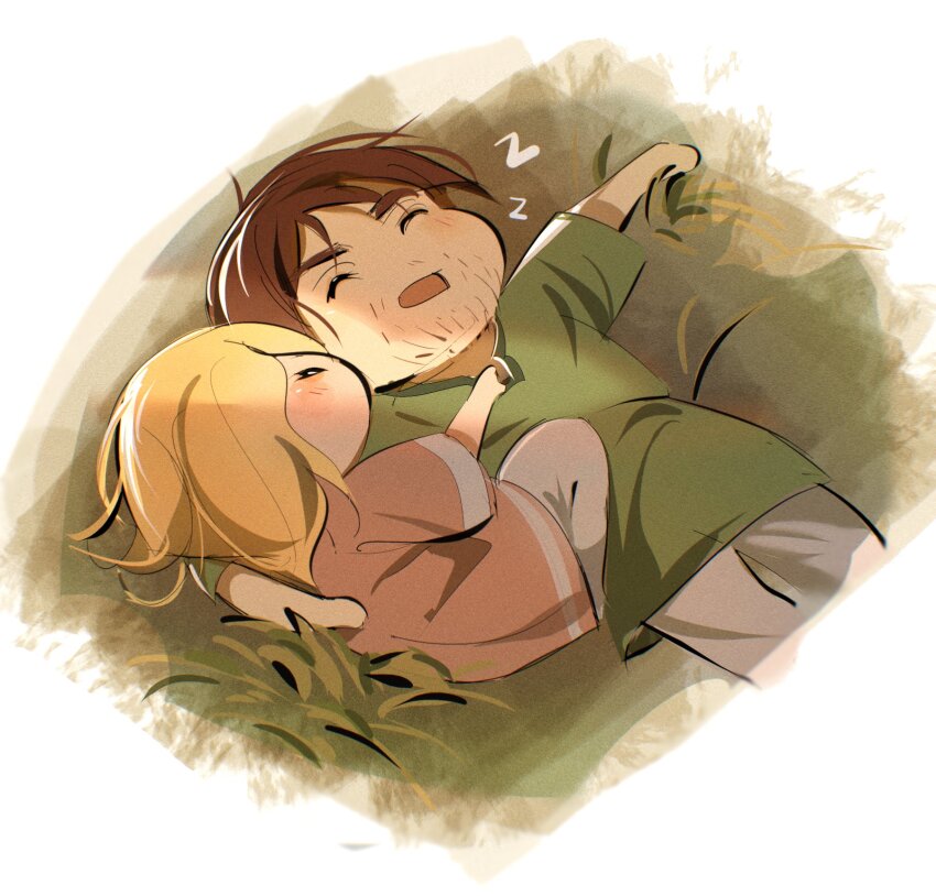 2boys, beard, blonde_hair, brown_hair, canutie, chibi, closed_eyes, einar_(vinland_saga)