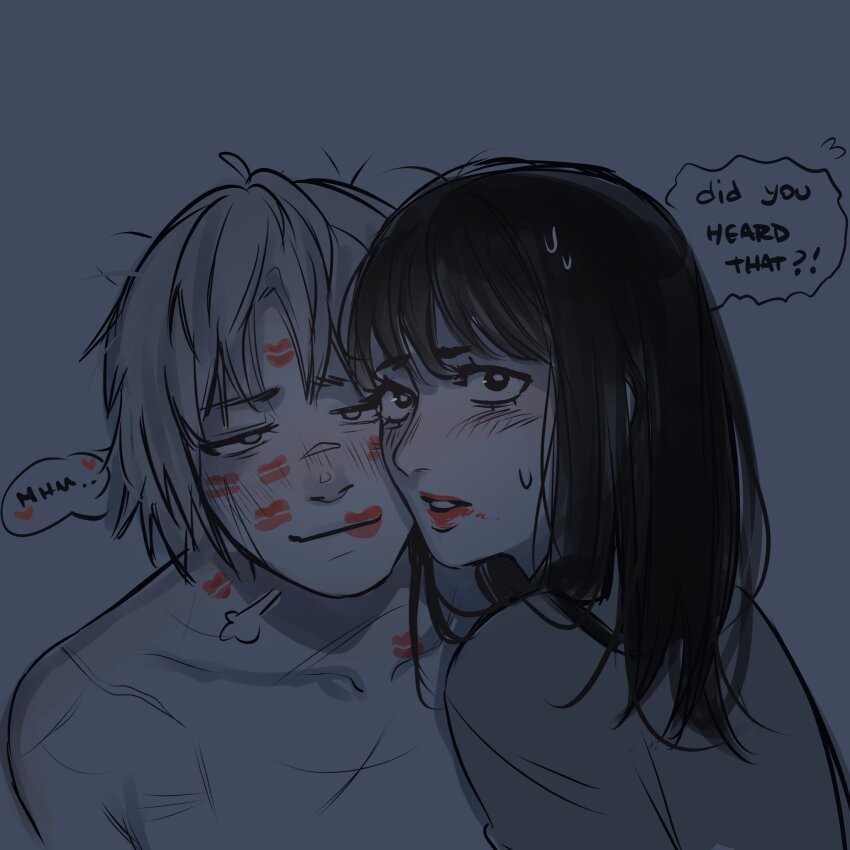 !, 1boy, 1girl, ?, blush, collarbone, english_text, eyelashes, gudrid, heart, hetero, highres, hilitrivia, lipstick, lipstick_mark, looking_at_viewer, makeup, messy_hair, narrowed_eyes, nostrils, parted_lips, simple_background, speech_bubble, sweat, sweatdrop, thorfinn, topless_male, vinland_saga