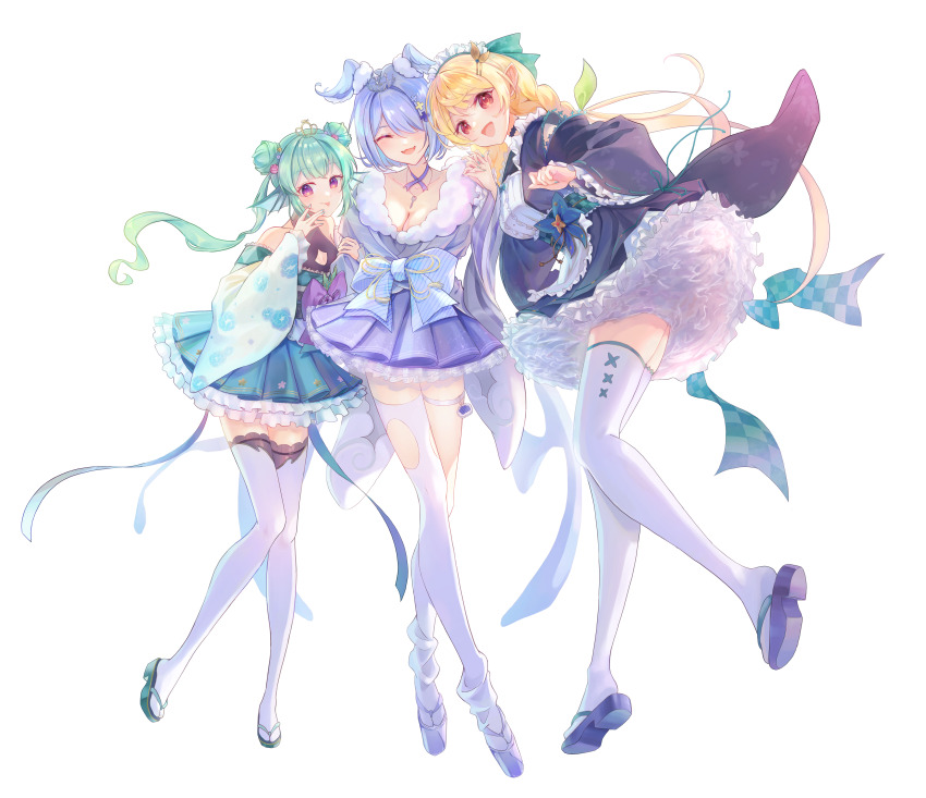 3girls, absurdres, apron, aqua_nails, black_kimono, black_leotard, black_sash, blonde_hair