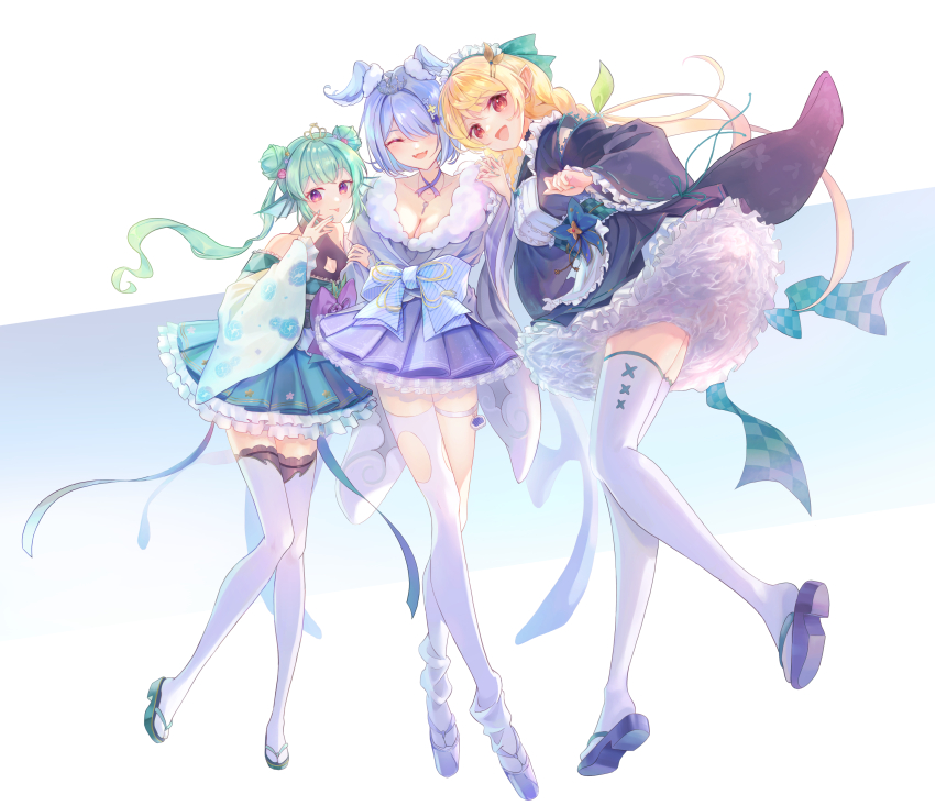 3girls, absurdres, apron, aqua_nails, black_kimono, black_leotard, black_sash, blonde_hair