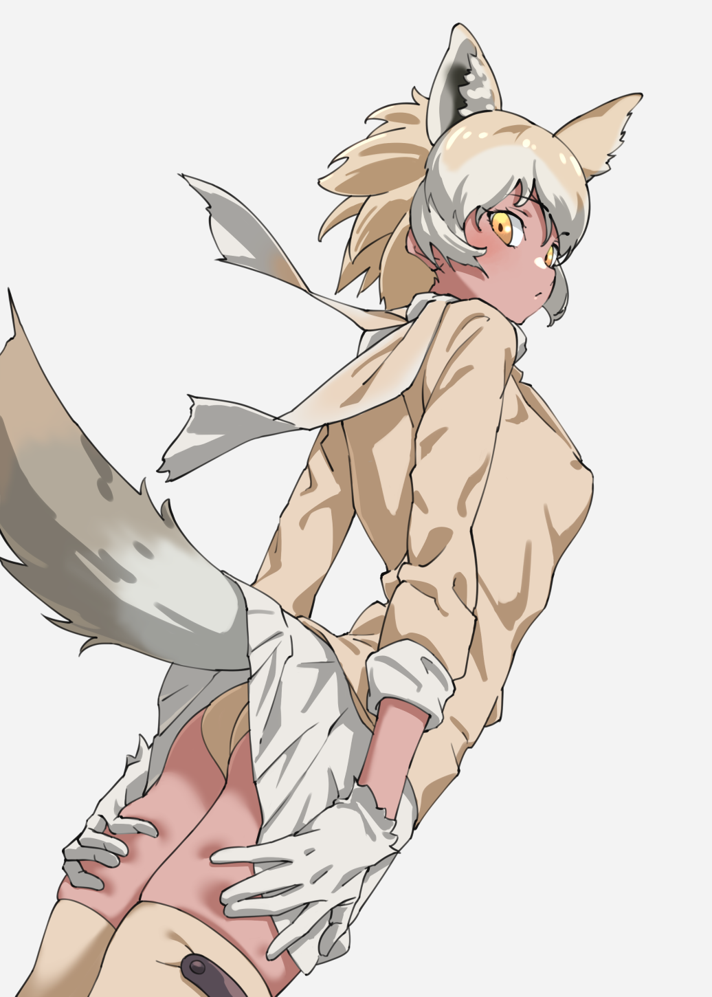 1girl, animal_ear_fluff, animal_ears, arched_back, ass, blonde_hair, clothes_lift, commentary, cowboy_shot, dark-skinned_female, dark_skin, extra_ears, gloves, gradient_hair, grey_background, hands_on_own_thighs, highres, inconvenient_tail, jacket, kemono_friends, lifted_by_tail, long_sleeves, looking_at_viewer, multicolored_hair, panties, pantyshot, scarf, short_hair, simple_background, skirt, skirt_lift, solo, tail, tail_under_clothes, tanabe_(fueisei), thighhighs, tundra_wolf_(kemono_friends), underwear, white_gloves, white_hair, white_skirt, wolf_ears, wolf_girl, wolf_tail, yellow_eyes, yellow_jacket, yellow_panties, yellow_thighhighs