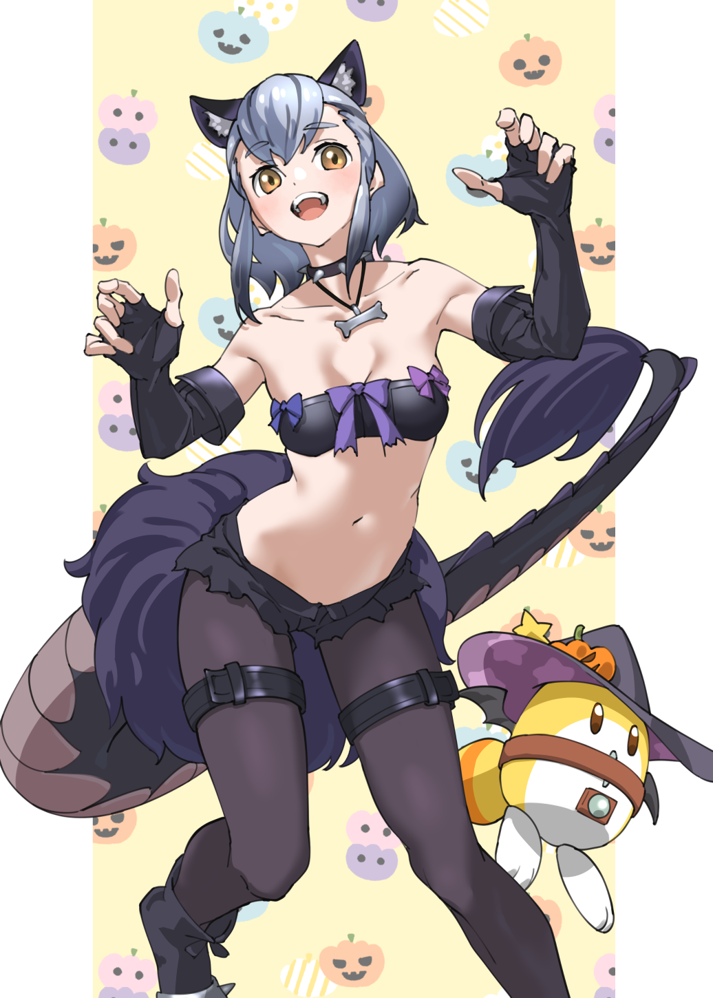 1girl, :d, animal_ear_fluff, animal_ears, bare_arms, black_boots, black_hair, black_pantyhose, black_shorts, bone_necklace, boots, breasts, cerberus_(kemono_friends), cerberus_(kemono_friends)_(cosplay), collar, collarbone, commentary, cosplay, elbow_gloves, feet_out_of_frame, fingerless_gloves, gloves, gradient_hair, grey_hair, hat, highres, hikari_(kemono_friends), jack-o'-lantern, kemono_friends, lucky_beast_(kemono_friends), micro_shorts, multicolored_hair, navel, open_mouth, pantyhose, short_hair, shorts, simple_background, small_breasts, smile, solo, spiked_collar, spikes, stomach, strapless, tail, tanabe_(fueisei), thigh_strap, tube_top, witch_hat, yellow_background, yellow_eyes