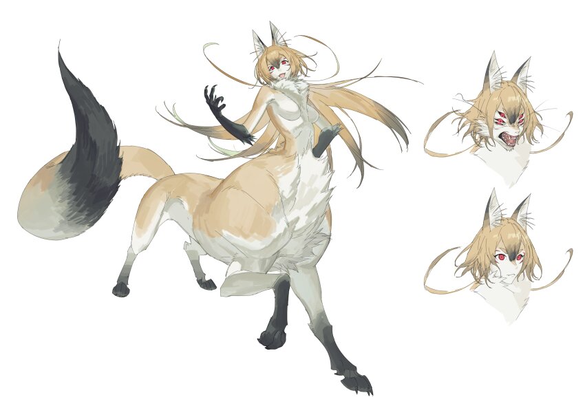 1girl, absurdres, animal_ears, black_fur, body_fur, breasts, brown_fur, brown_hair, centauroid, claws, colored_tips, completely_nude, fangs, fangs_out, fox_ears, fox_girl, fox_tail, full_body, hair_between_eyes, hand_up, highres, leviair, long_hair, medium_breasts, monster_girl, multicolored_hair, multiple_views, neck_fur, nude, open_mouth, original, red_eyes, sharp_teeth, simple_background, standing, tail, taur, teeth, very_long_hair, white_background