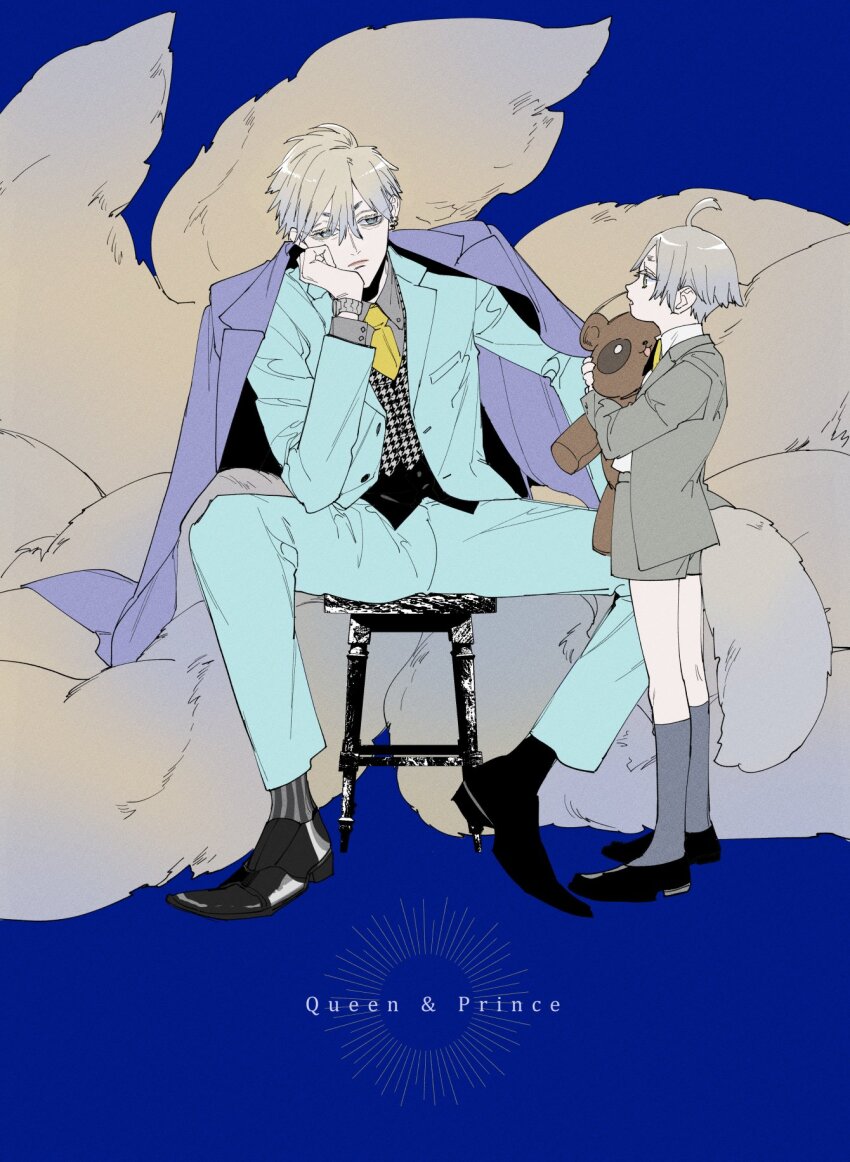 2boys, ahoge, black_shoes, blonde_hair, blue_background, blue_jacket, blue_suit, child