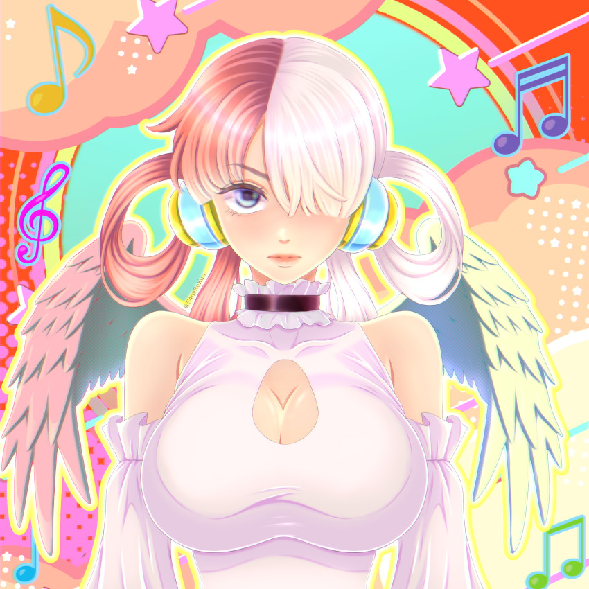 1girl, absurdres, blue_eyes, blush, breasts, feathered_wings, highres, large_breasts, long_hair, long_sleeves, looking_at_viewer, one_piece, one_piece_film:_red, red_hair, s4mirukun, solo, uta_(one_piece), wings