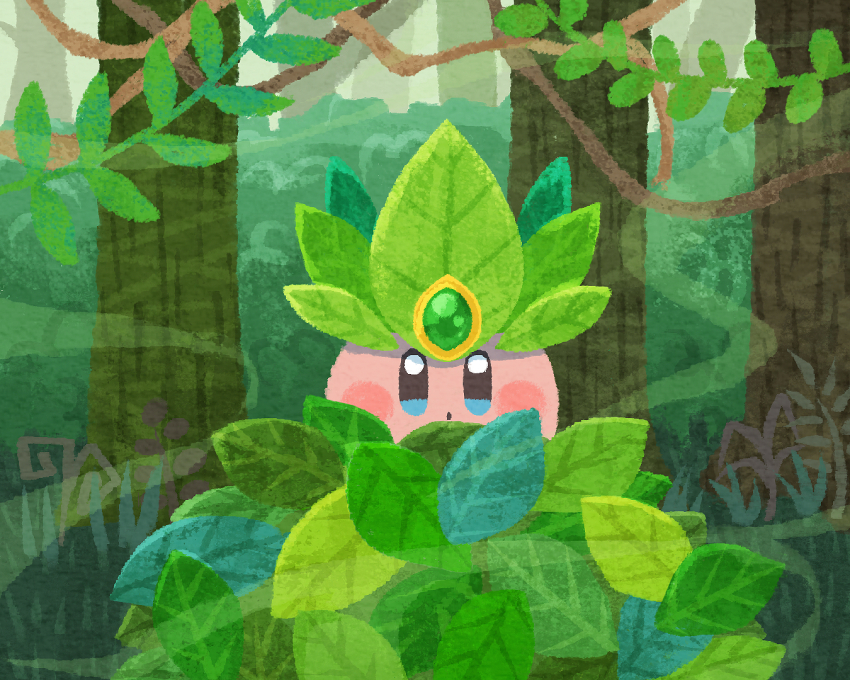 blue_eyes, blush_stickers, bush, copy_ability, forest, gem, green_gem, kirby
