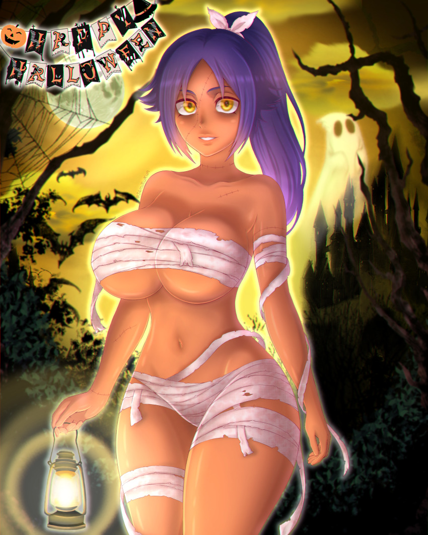 1girl, absurdres, bat_(animal), bleach, bleach:_sennen_kessen-hen, breasts, cleavage, dark-skinned_female, dark_skin, english_text, female_focus, ghost, halloween, halloween_costume, happy_halloween, highres, holding, holding_lantern, jack-o'-lantern, lantern, large_breasts, long_hair, looking_at_viewer, navel, non-web_source, parted_lips, purple_hair, s4mirukun, shihouin_yoruichi, smile, solo, standing, thick_thighs, thighs, underboob, yellow_eyes, zombie