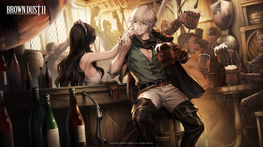 1girl, 6+boys, absurdres, alcohol, arm_up, barrel, beer, beer_mug