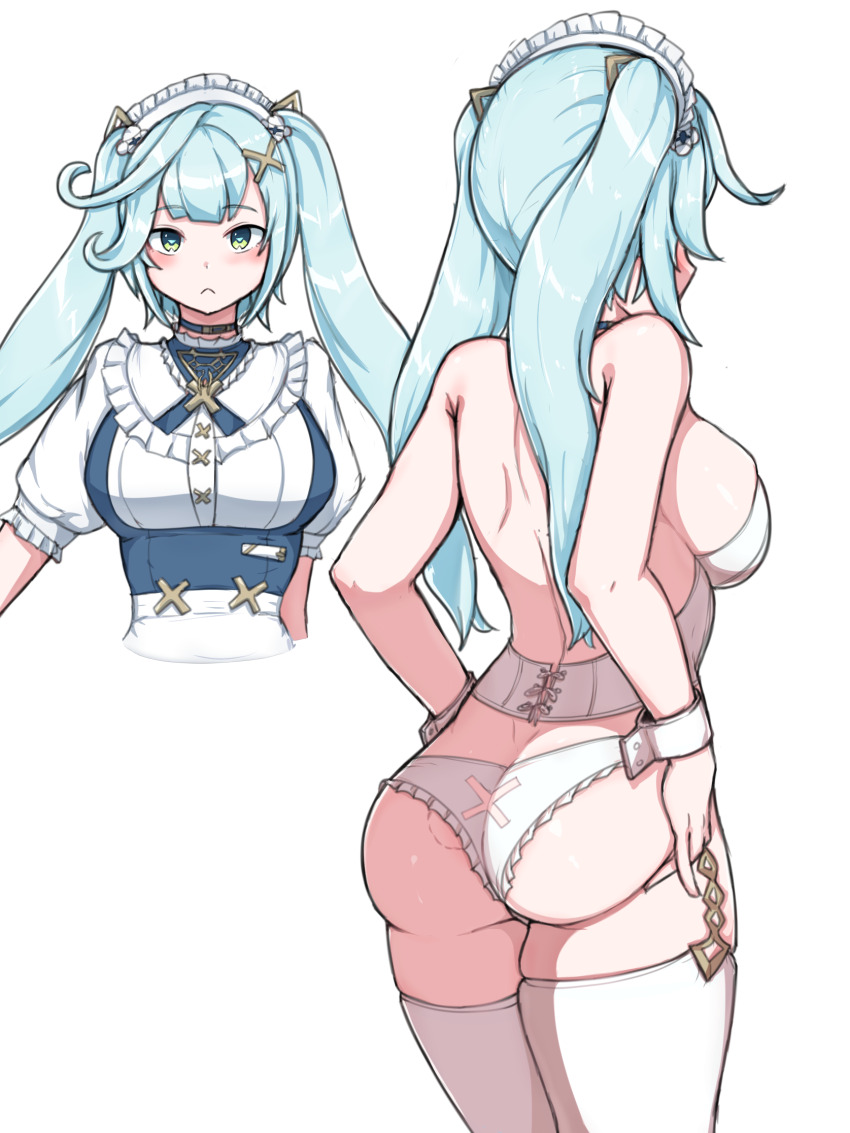 1girl, ahoge, alternate_costume, aqua_hair, artist_request, ass, bare_shoulders, blush, bra, breasts, corset, faruzan_(genshin_cafe_in_seoul)_(genshin_impact), faruzan_(genshin_impact), from_behind, genshin_impact, green_eyes, hair_ornament, headdress, highres, huge_ass, long_hair, looking_at_viewer, maid, maid_headdress, medium_breasts, multiple_views, panties, sideboob, thick_thighs, thighhighs, thighs, twintails, underwear, very_long_hair, wedgie