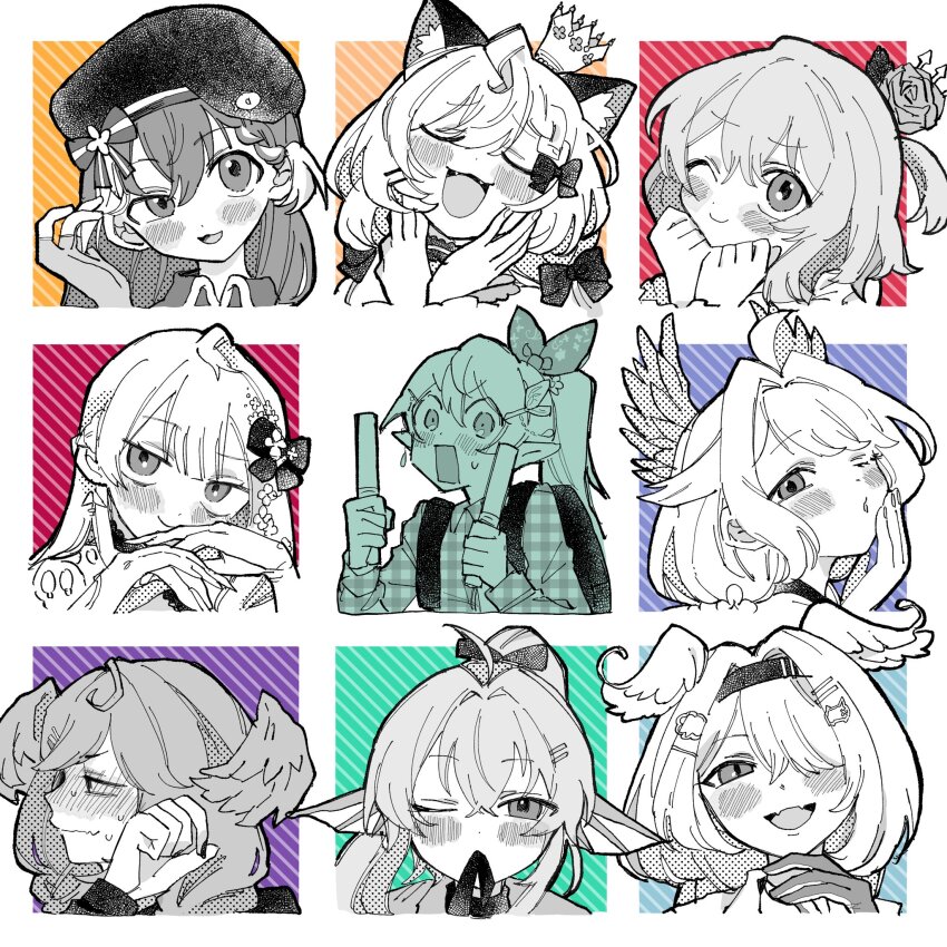 6+girls, animal_ears, blush, cat_ears, crown, elira_pendora, enna_alouette, finana_ryugu, fingernails, glowstick, hair_over_one_eye, hat, head_wings, high_ponytail, highres, holding, holding_glowstick, long_fingernails, millie_parfait, mmm_toi0, multiple_girls, nijisanji, nijisanji_en, one_eye_closed, petra_gurin, pointy_ears, pomu_rainpuff, ponytail, reimu_endou, rosemi_lovelock, selen_tatsuki, virtual_youtuber, wings