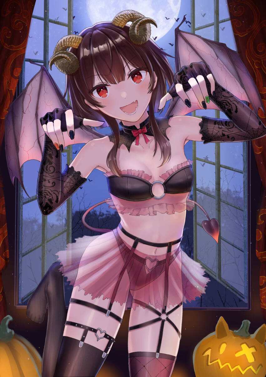 1girl, :d, absurdres, asymmetrical_legwear, bare_shoulders, bat_(animal), black_bra, black_gloves
