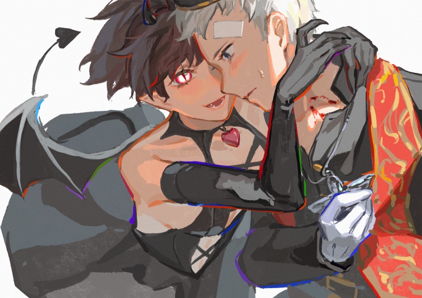 1boy, 1girl, absurdres, alternate_costume, bat_wings, bite_mark, black_dress, black_gloves