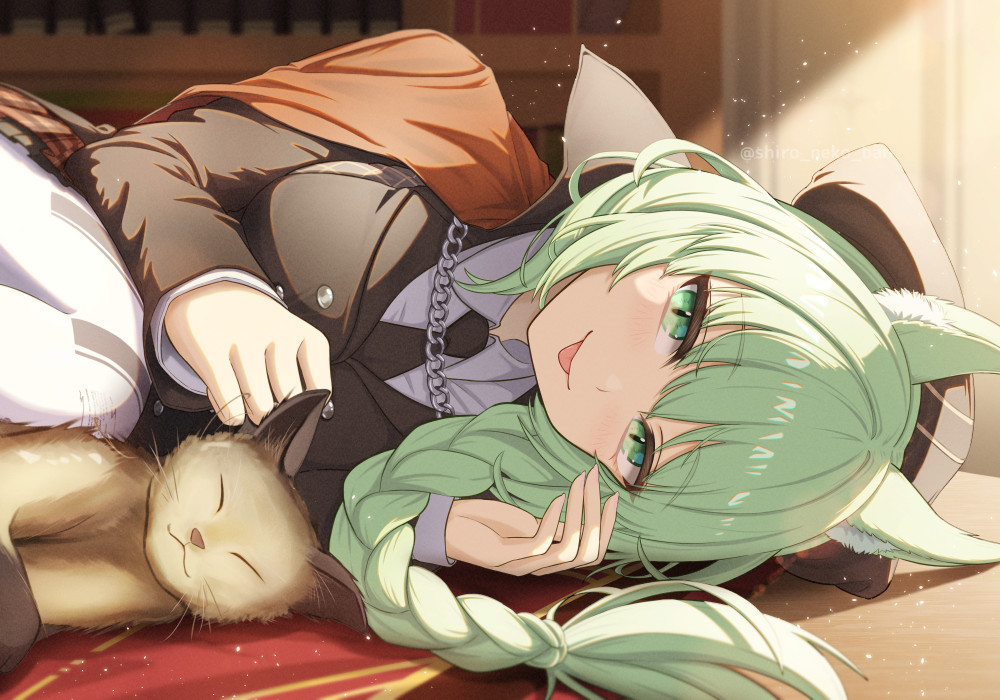 1girl, :p, animal_ear_fluff, animal_ears, arknights, black_hat, black_jacket, black_neckerchief