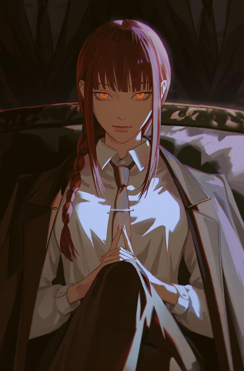 1girl, absurdres, black_background, black_jacket, black_pants, braid, breasts, brown_necktie