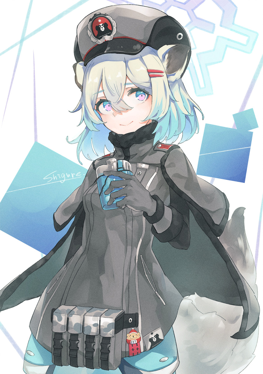 1girl, animal_ears, blue_archive, cape, character_name, closed_mouth, coat, cowboy_shot, crossed_bangs, fur-trimmed_cape, fur-trimmed_headwear, fur_trim, gloves, grey_cape, grey_coat, grey_gloves, grey_headwear, hair_between_eyes, hair_ornament, hairclip, halo, highres, holding, looking_at_viewer, o_(crazyoton46), purple_eyes, shigure_(blue_archive), short_hair, smile, solo